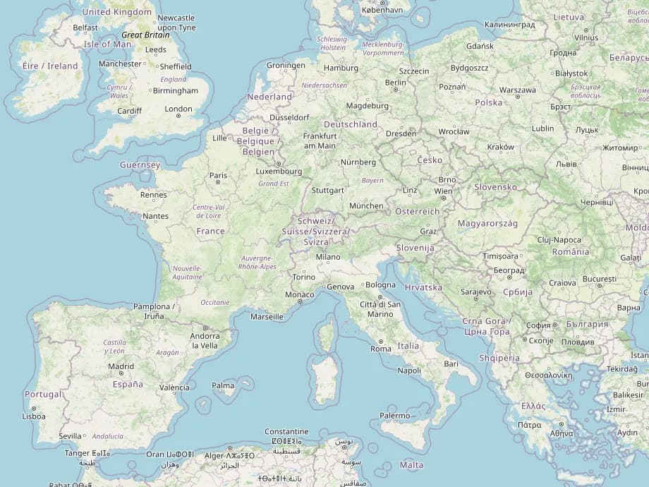 OpenStreetMap of Europe showing photo route from Lisbon to Madrid, Paris, Berlin, Zagreb, and Rome