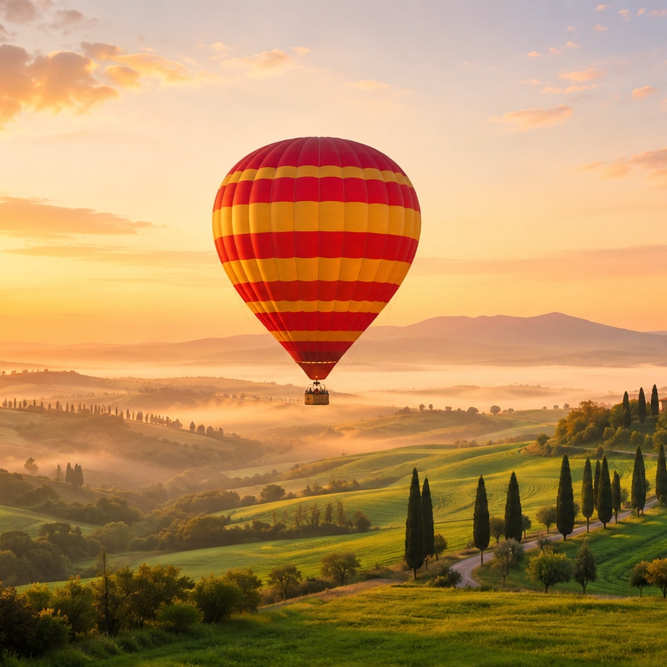 Hot air balloon over Tuscany at sunrise cropped to 1:1 square aspect ratio for Instagram feed