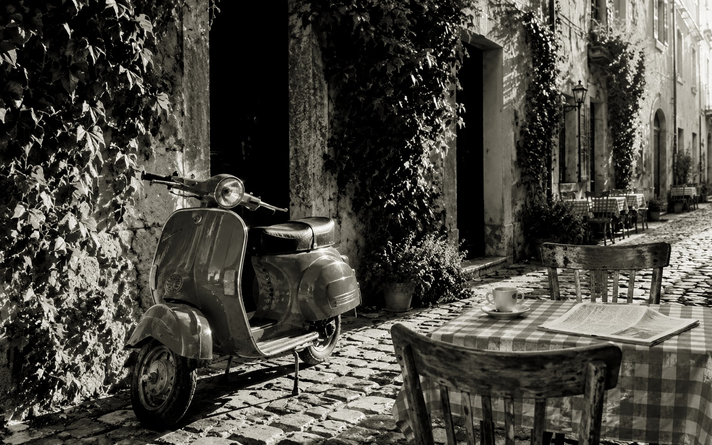 Vintage Vespa cafe scene with Cinematic Teal film preset, teal shadows and orange highlights Hollywood look