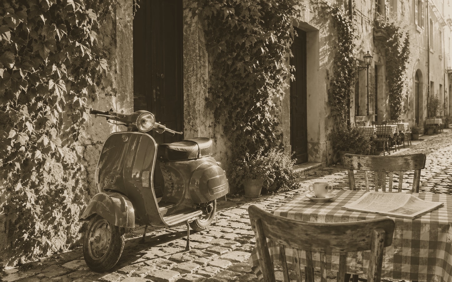 Vintage Vespa cafe scene with Faded 70s film preset, lifted blacks and warm vintage cast