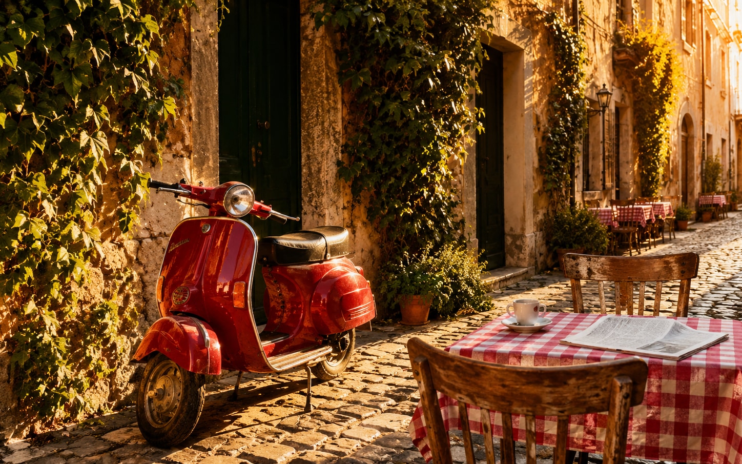 Vintage Vespa cafe scene with no filter applied, original colors