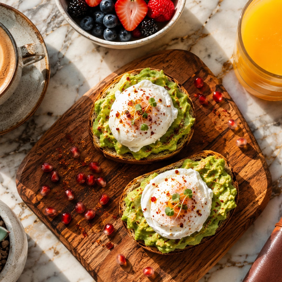 Brunch flat lay with avocado toast resized to 1080x1080 pixels for Instagram square feed post