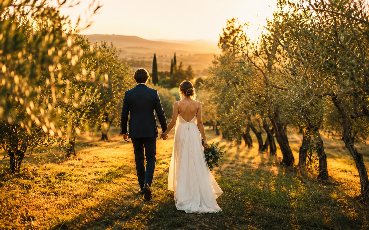 Wedding couple walking through Tuscan olive grove at golden hour, no watermark applied